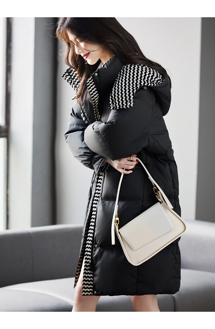 Dme [90% Down Thickened Warm down] Winter Coat with Houndstooth Pattern Patchwork Over-Knee Mid-Length down Jacket for Wome 7