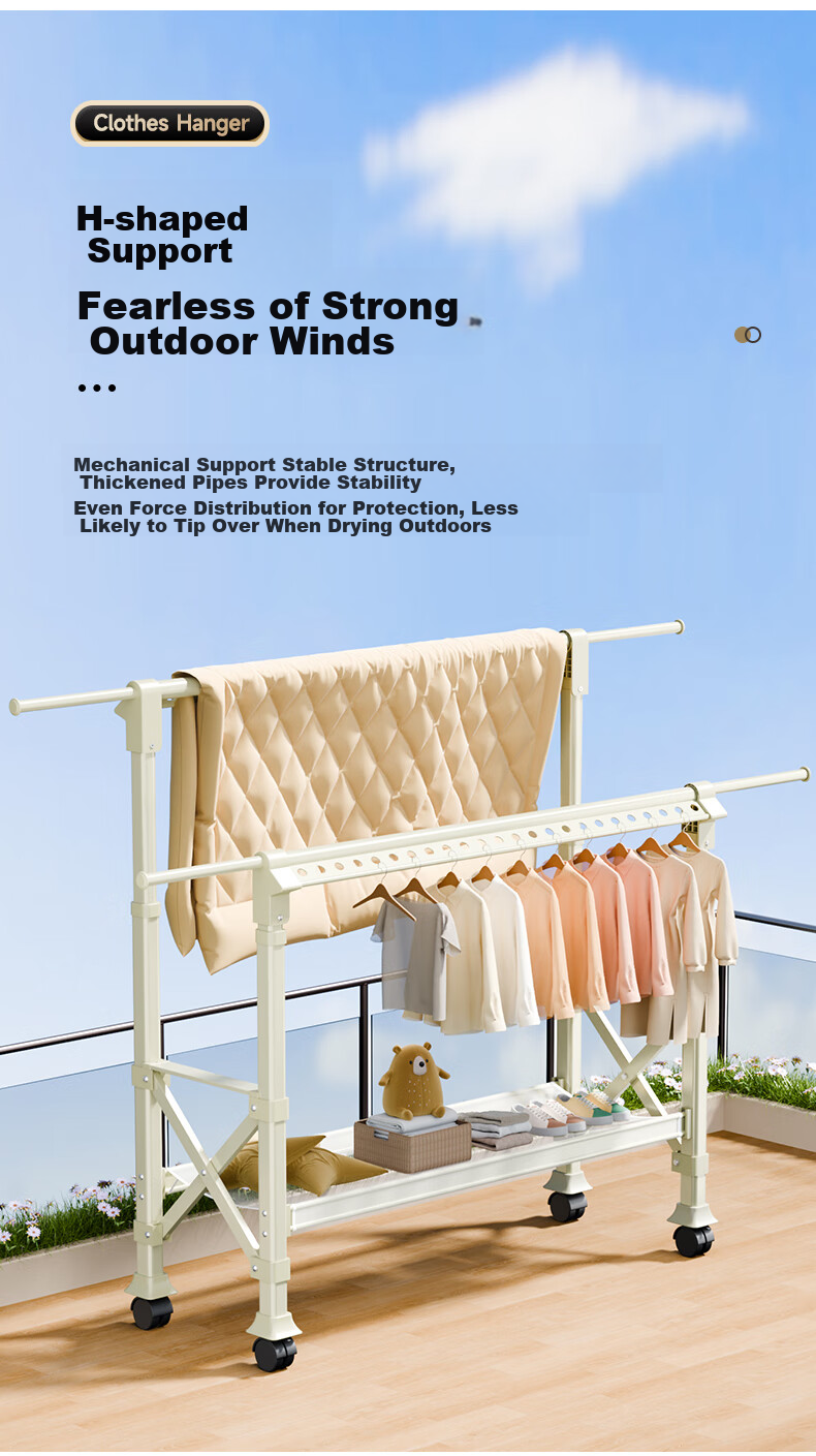 Cenggao Clothes Drying Rack, Floor-Standing No Installation Required, Home Balcony Folding Drying Pole, Third Generation Milk White Color, Height Adjustable, Large Size 8