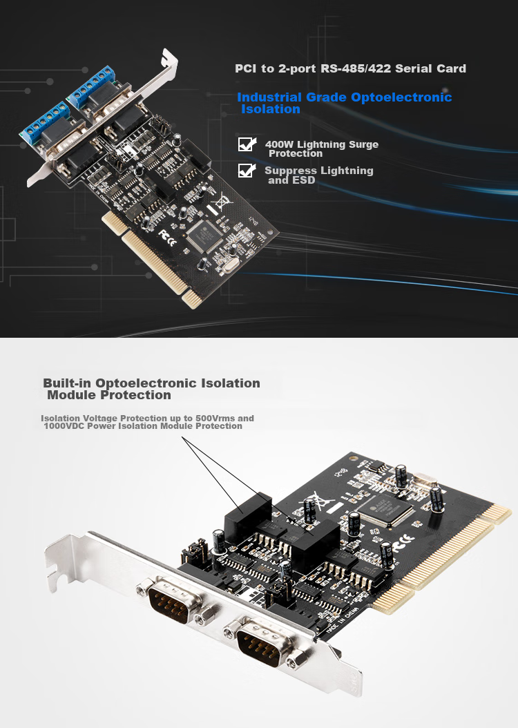 MOGE Desktop PCI to Dual-Port RS485/422 High-Speed Serial Card Optical Isolation Motherboard Serial Expansion Card 9-Pin COM Port Industrial-Grade Terminal Block MC1352 1