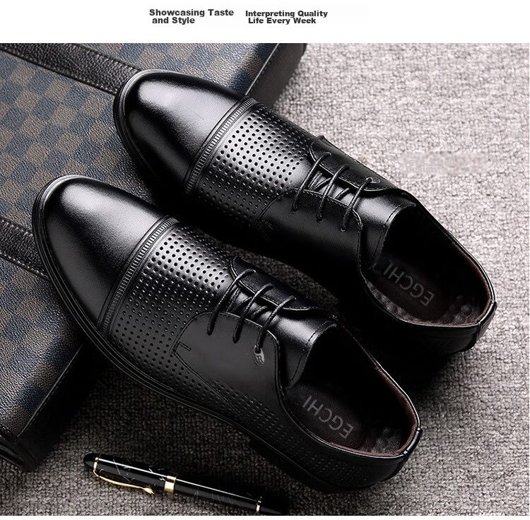 EGCHI Men's Leather Shoes, Business Formal Dress British Style Commuter Shoes, 1618 Black (Height-Increasing Version), Size 44 24