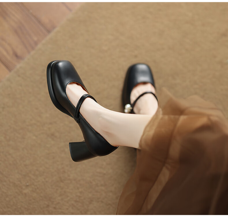 ZHR Women's Lambskin Flats, Shallow Mouth, Chunky High Heels, Mary Jane Shoes, Retro Square Toe, Height-Increasing Women's Shoes, CQ61 Beige, Size 39 12