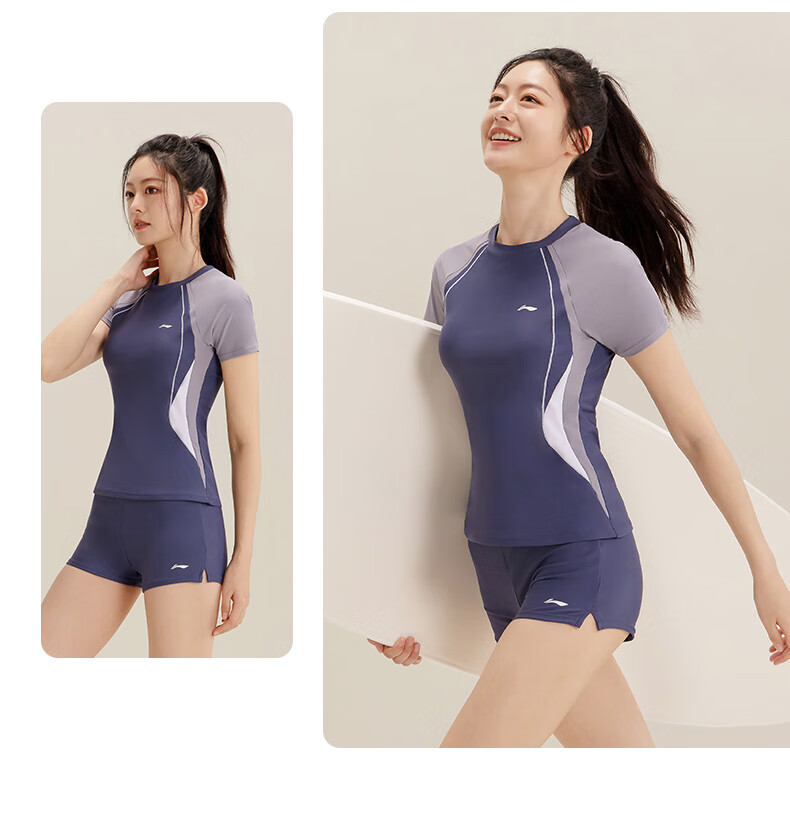 Li-Ning Women's Two-Piece Swimsuit, Slimming Swimwear for Hot Springs, Swimming Equipment 0492 Black Purple XL 8