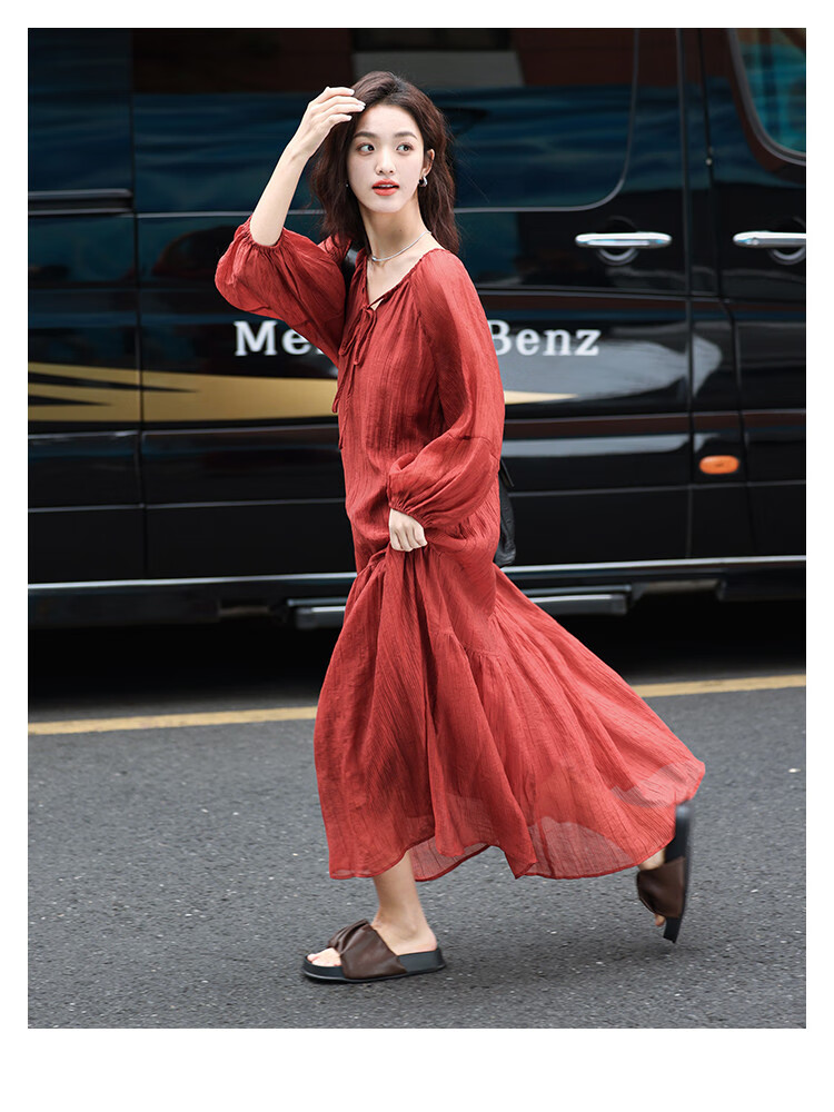 Dme [French-Style Dress] Romantic Elegant Fair-Complexion Easy Vacation Style Wrinkled Textured Dress for Wome 2