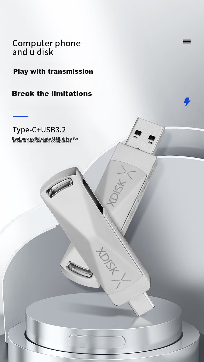 Xiaopan (XDISK) 128GB Portable Solid State USB Flash Drive, USB3.2 Gen2 Type-C Dual Interface M8 Bright Gray High-Speed Flash Drive, Large Capacity, Read Speed 550m/s, Computer And Phone USB Drive 2