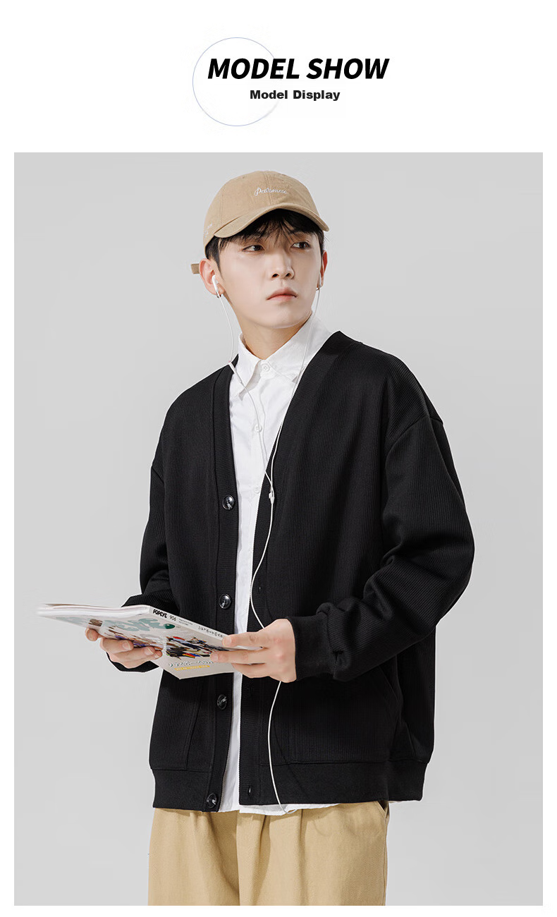 MMOPTOP Japanese-Style Solid Color Knit Sweater, Long-Sleeved Men's Spring And Autumn Vintage Loose V-Neck Cardigan MT2350 Black M 6