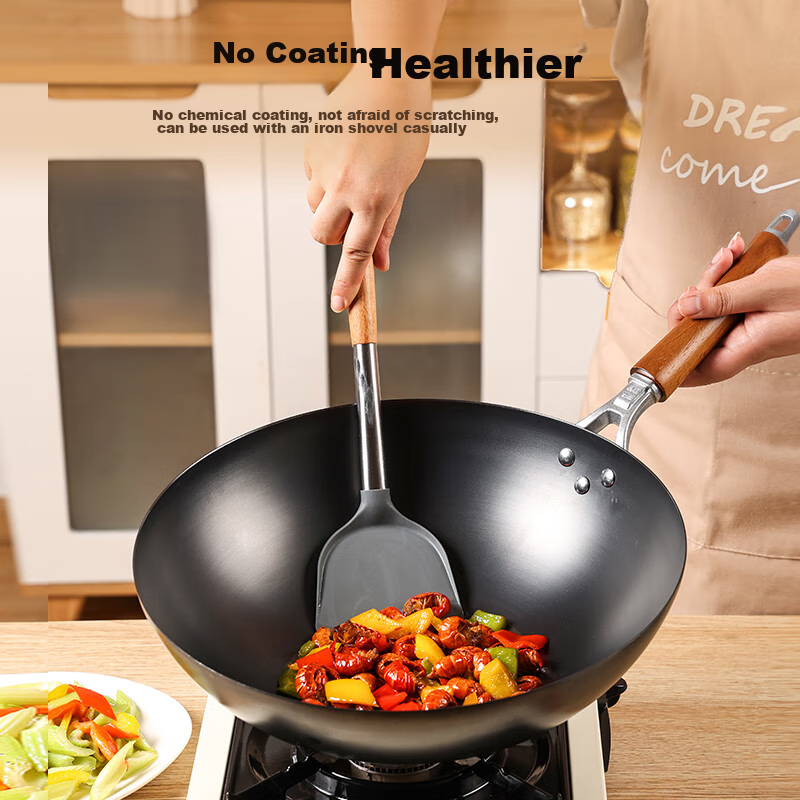 Jin Cun Wok Iron Pan, Lightweight Stir-Fry Pan, Non-Coated, Rust-Resistant, Traditional Household Round Bottom Non-Stick Pan, 32cm