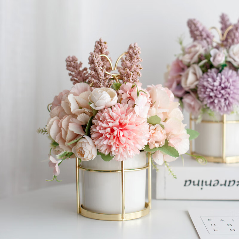 Ai Yi Zhuang Tang Artificial Flower Arrangement Nordic Style Ceramic Vase Floral Set Living Room Decoration Dining Table Flower Emile Pink