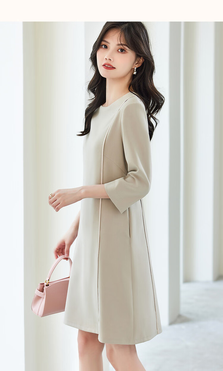 Dme [Modern Women] Spring And Autumn Commuter Round Neck Slim-Fit Three-Quarter Sleeve Elegant Midi Dress for Wome 21