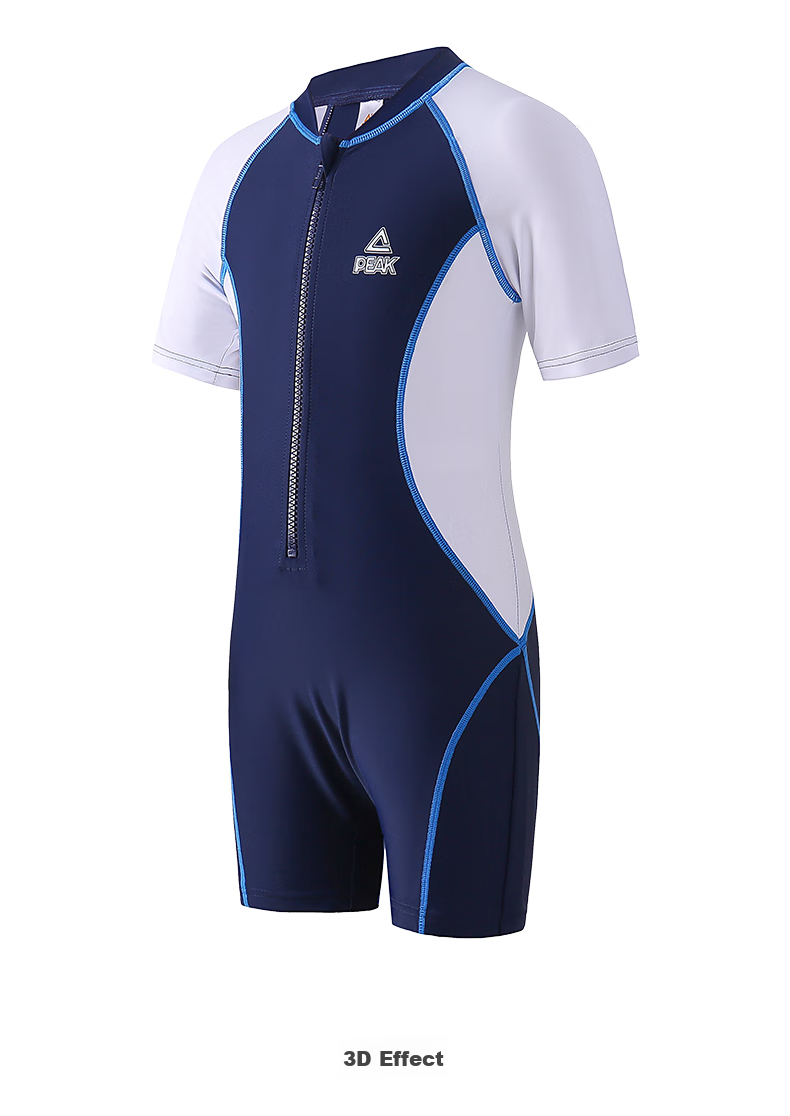 PEAK Children's Swimsuit, Boys' Student Swimwear, Baby And Older Children's One-Piece Swim Trunks, Boys' Short-Sleeve Surfing Suit Set YS11131 Blue And White 130 13