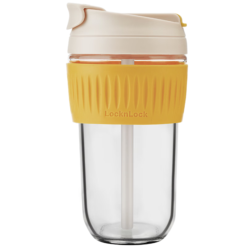 LOCK&LOCK Coffee Mug Heat-Resistant Glass Water Cup Portable Double-Drinking Straw Cup for Men, Women And Students 500ML Yellow