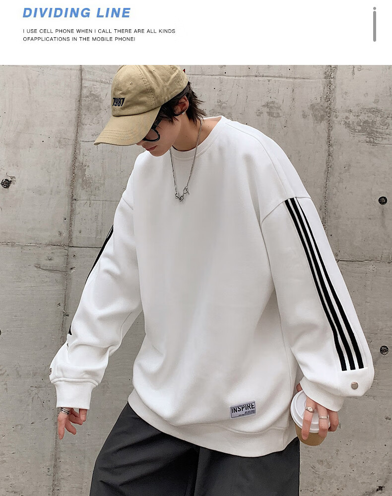 Foss Phil Men's Sweatshirt, Spring And Autumn Casual Loose Long-Sleeve T-Shirt, Striped Round Neck Top, 8801 Black M 8