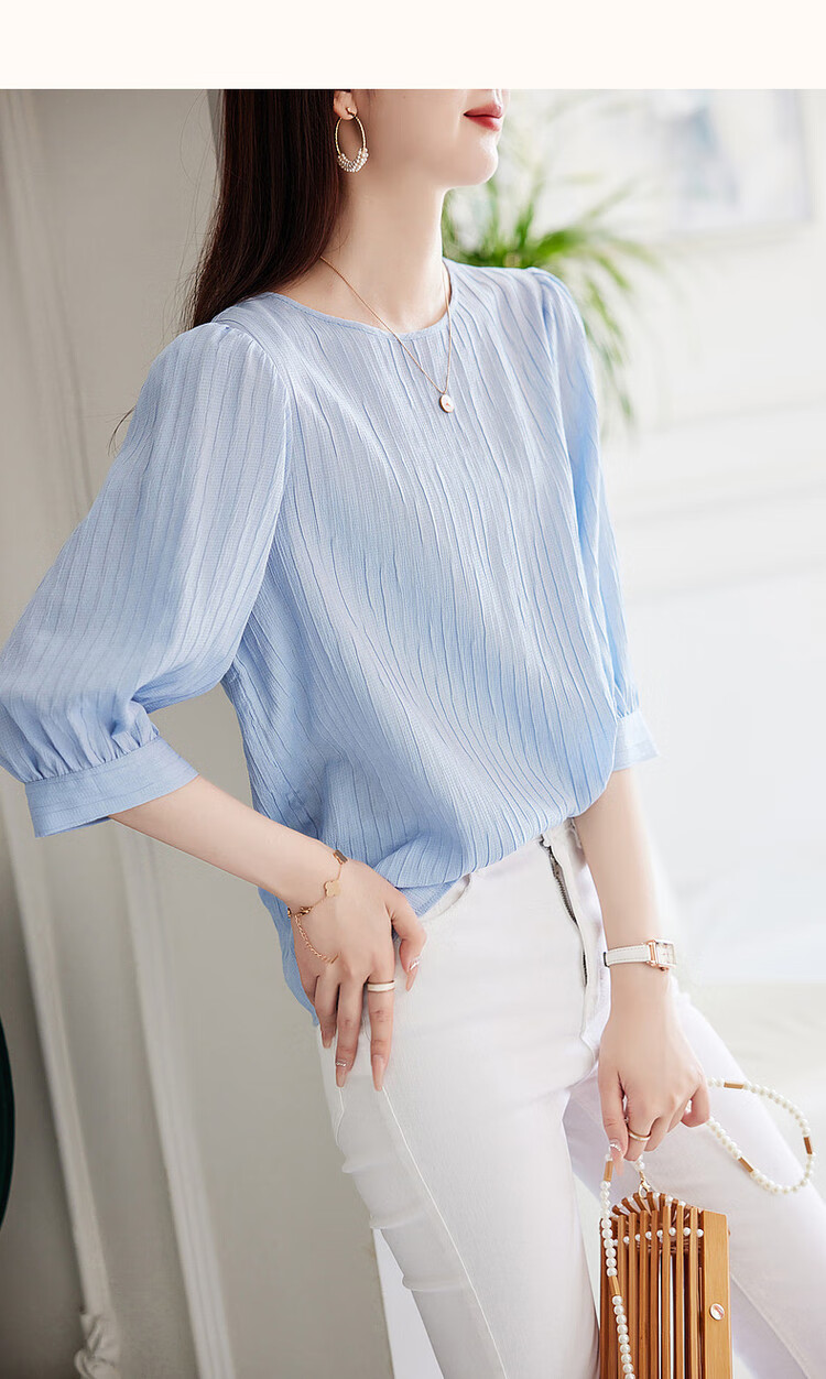 Dme [French Textured Shirt] Summer Commuter Round Neck Lantern Sleeve Blouse Women's Top, Off-White, L 17
