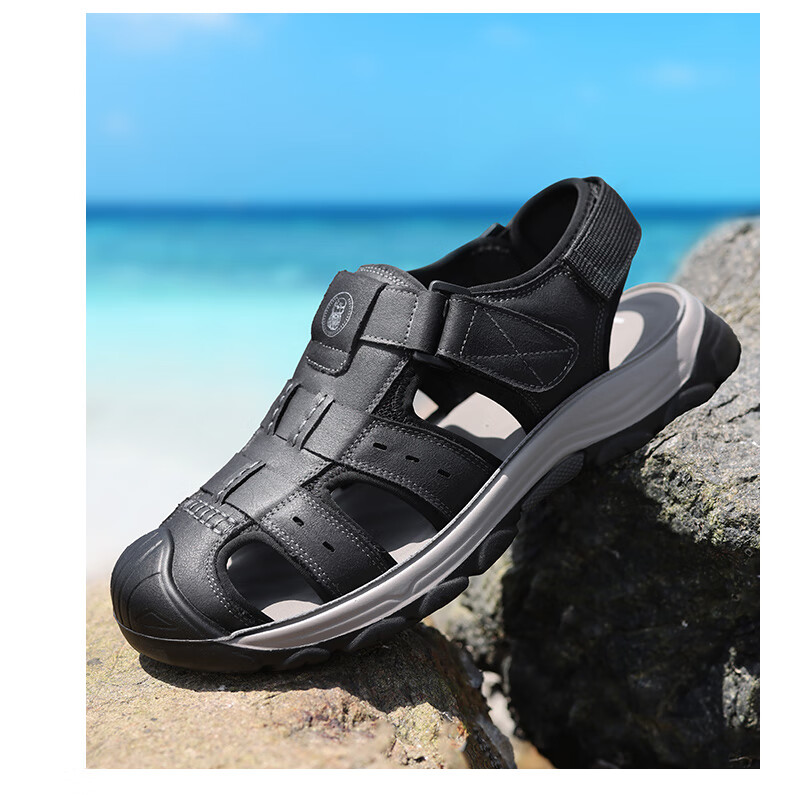 LAORENTOU Men's Summer Outdoor Casual Leather Sandals Closed-Toe Anti-Collision Hole Beach Shoes LT66 Gray Size 39 3
