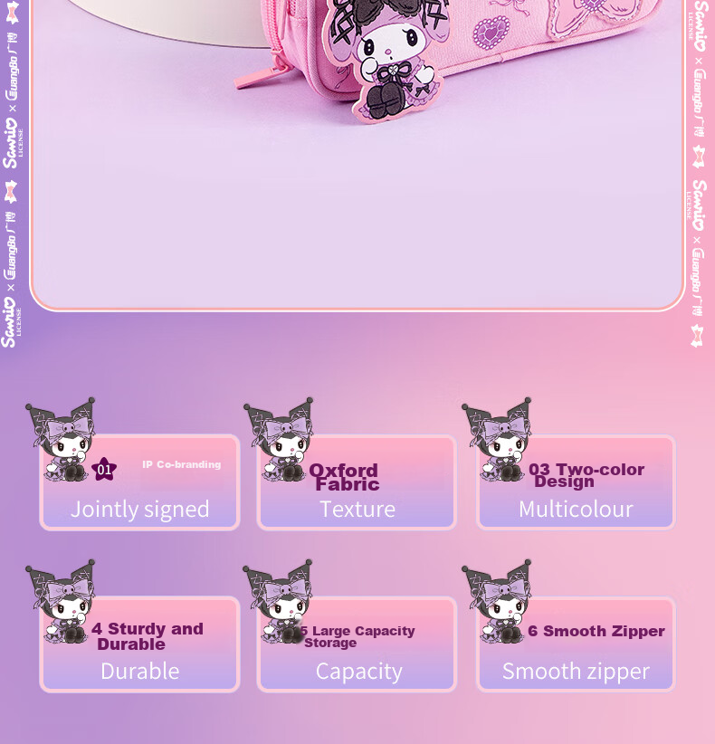 GuangBo Sanrio Collaboration Pencil Case, Large Capacity Stationery Box for Female Students, Multi-Layer Storage Exam Supplies, Birthday Gift, Kuromi, 1 Piece 2