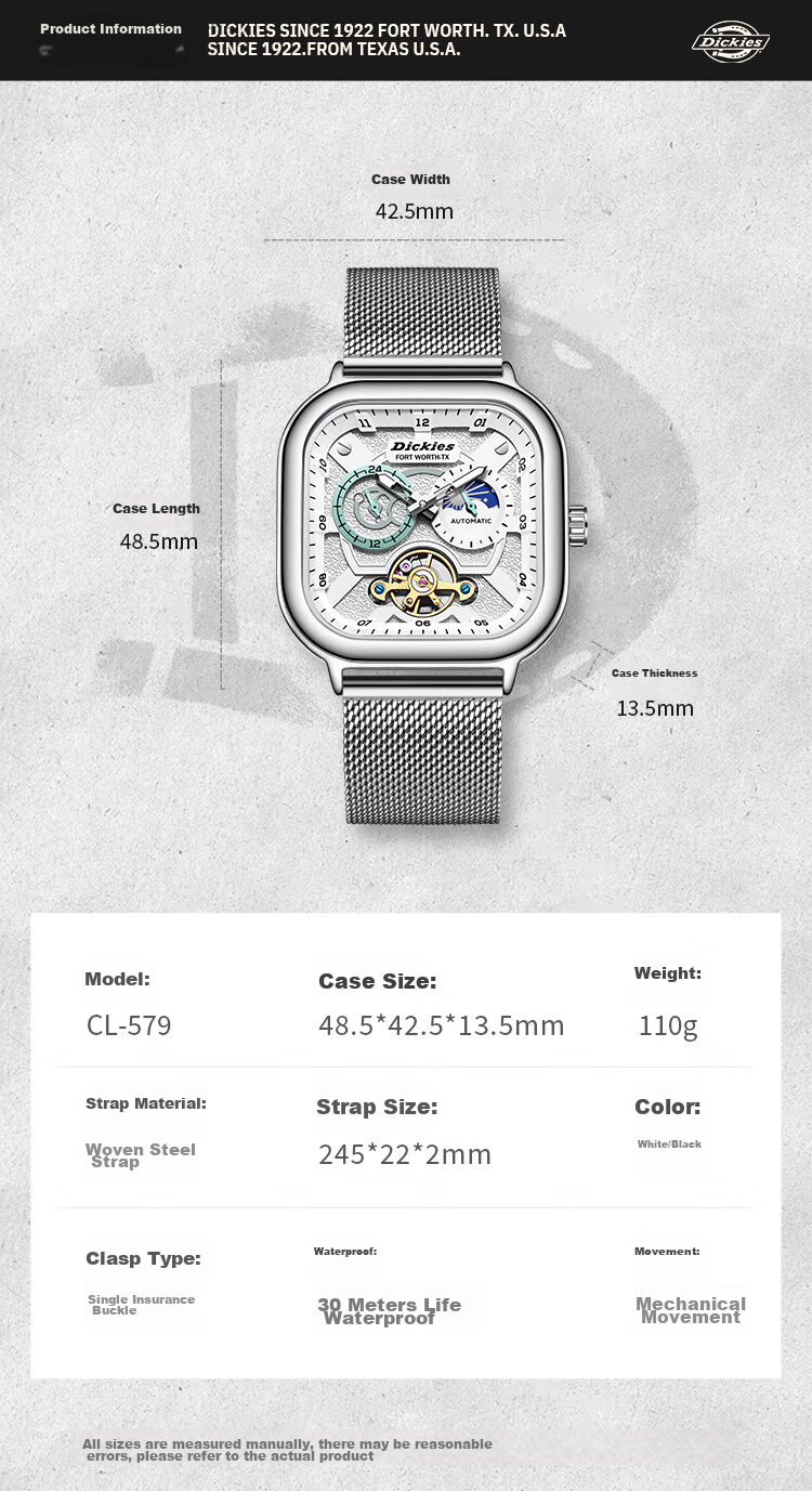 Dickies Mechanical Watch Student Men's Automatic Skeleton Watch Boyfriend Valentine's Day Gift New Year Gift Box CL579 Silver 10