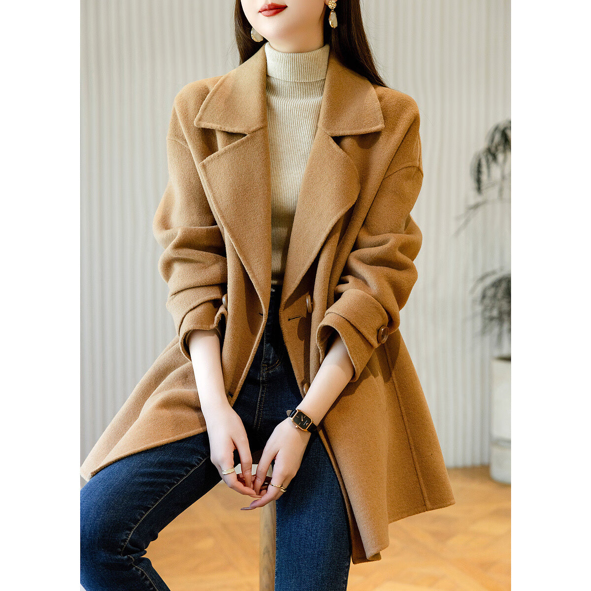 DME Winter New Double-Breasted Handmade Shearling Double-Faced Wool Coat for Women Mid-Length Camel M