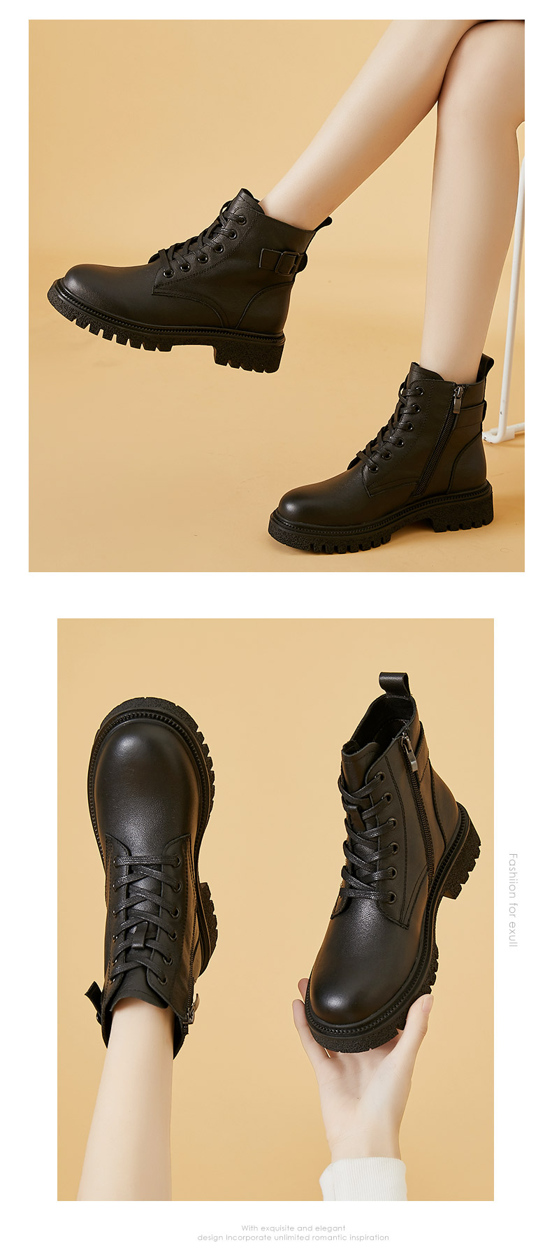 DAPHNE Martin Boots for Women, Cowhide Knight Ankle Boots, Slim Boots, Fleece-Lined Casual Leather Boots, Women's Boots, Black (Fleece Lining), Size 35 3