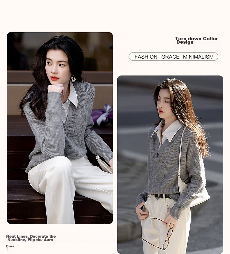 Dme [Cloud Sweater] Spring And Autumn Simple Style Commuter Patchwork Lapel Soft Fleece Shawl Slimming Knit Sweater Women's Top 6