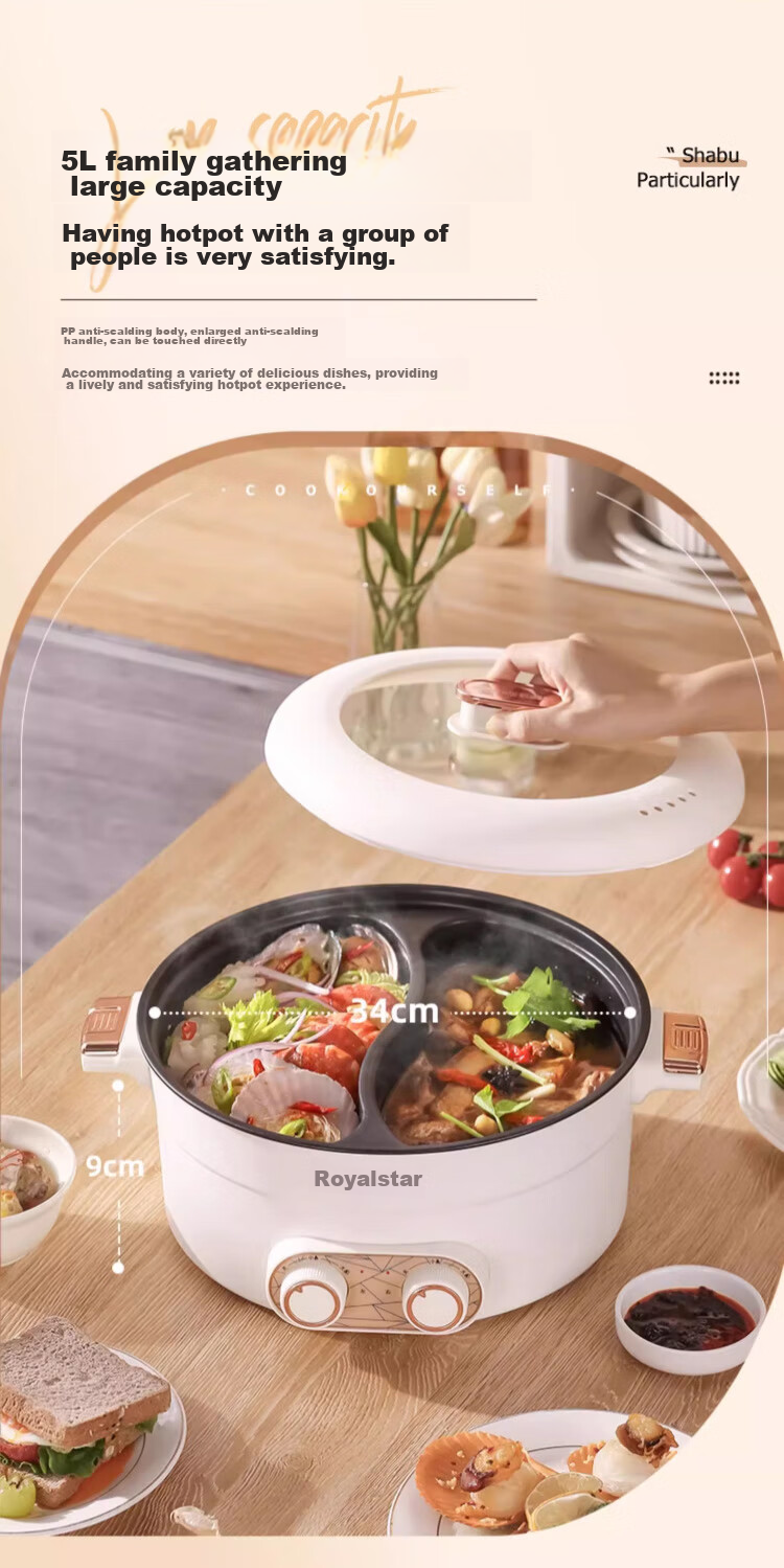 Royalstar Dual-Sided Electric Hot Pot And Wok, Multi-Functional Home Cooking Appliance, All-In Grill, Stir-Fry And Boil Function, 6L Large Capacity Non-Stick Electric Cooker RHG-136B(Y) 5