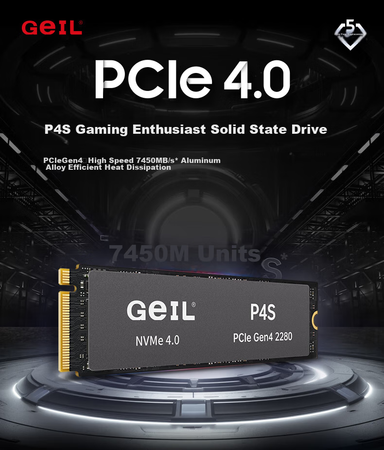 GEIL Jinbang 1TB SSD, M.2 Interface (PCIe 4.0 X4), NVMe SSD Gaming High-Performance Version, High-Speed 7450MB/S, P4S Series 1