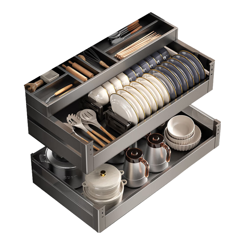 Cobbe Kitchen Bowl And Plate Pull-Out Basket, Cabinet Drawer-Style Space Aluminum Alloy Pot Chopstick Plate Storage Rack with Built-In Three-Layer Bowl Basket
