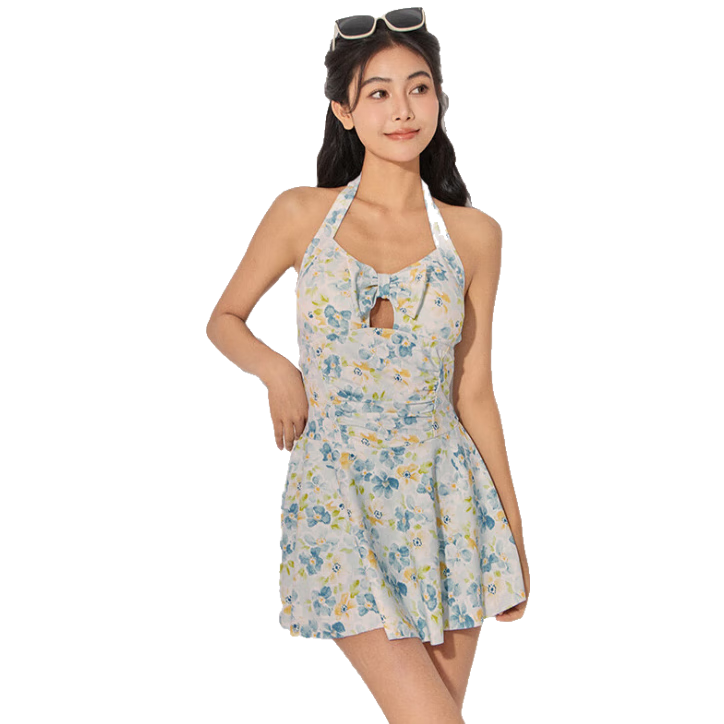Sanqi Women's Swimsuit, Pure Desire Style, Tummy-Covering, Slimming, Elegant Skirted Halter Neck Swimwear for Hot Springs And Beach, Floral Pattern, Size L