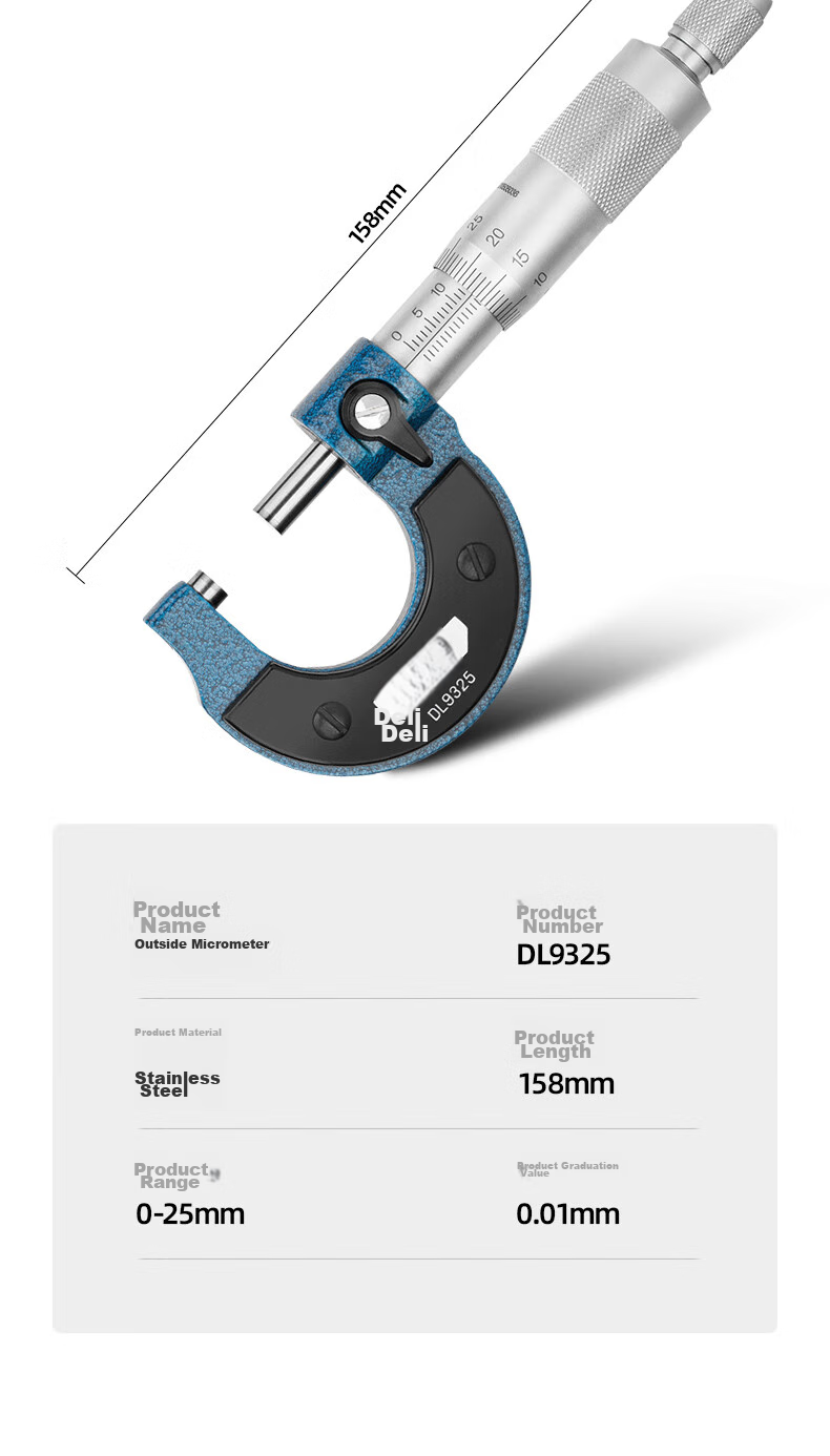 Deli External Micrometer, Mechanical Screw Gauge, 0.01mm High-Precision Thickness Gauge, Vernier Caliper 8