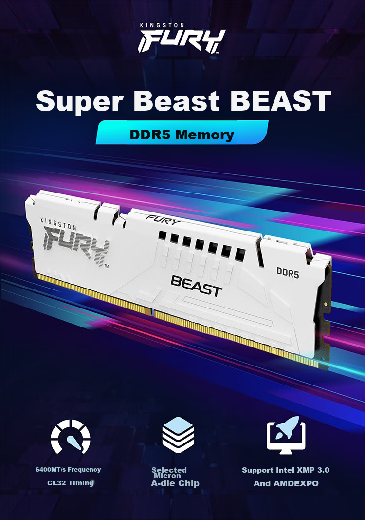 Kingston FURY 32GB (16G×2) Kit DDR5 6400 Desktop Memory Module Beast Hynix A-Die CL32 Supports XMP&EXPO White Editio 1