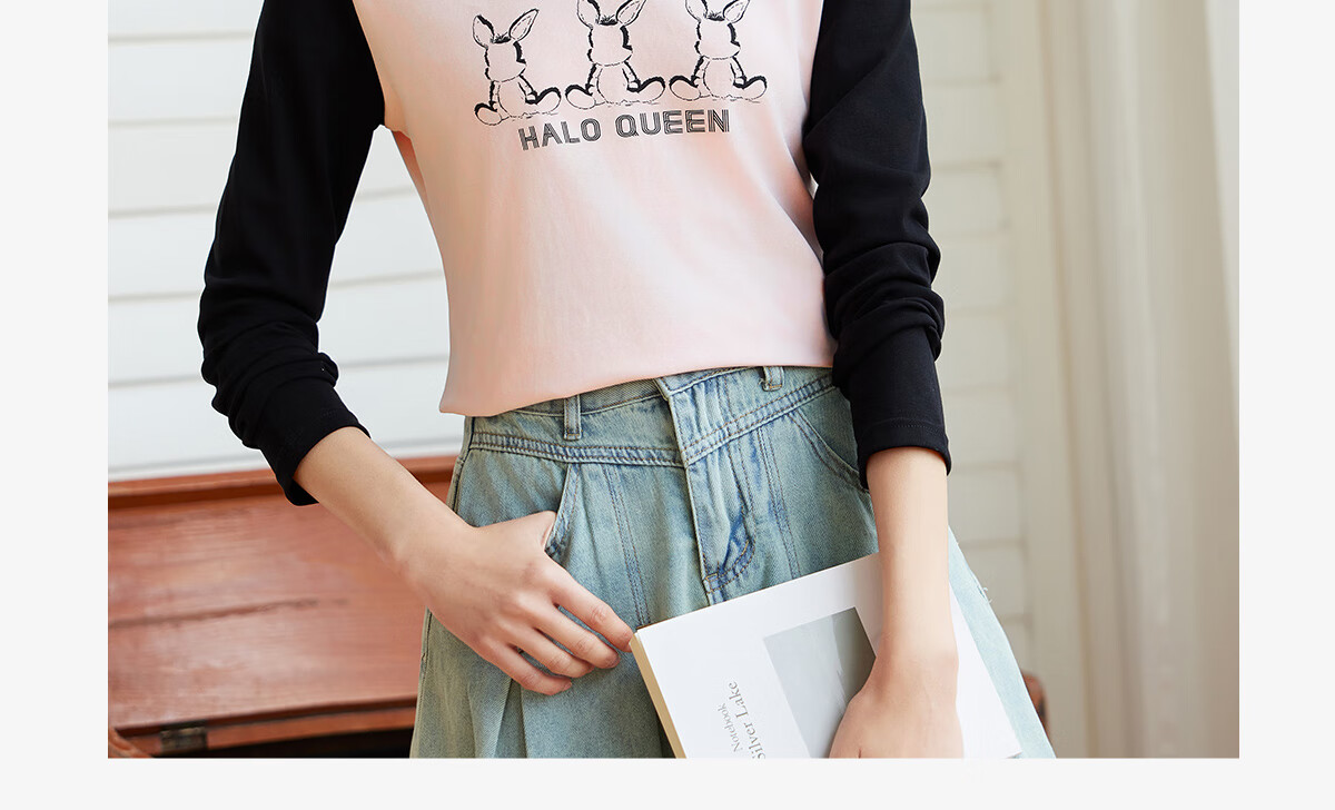 Halo Queen Long-Sleeve T-Shirt for Women, Wilderness Maillard Style Spring And Autumn Raglan Sleeve Rabbit Base Shirt Casual New Product H143T2017 4