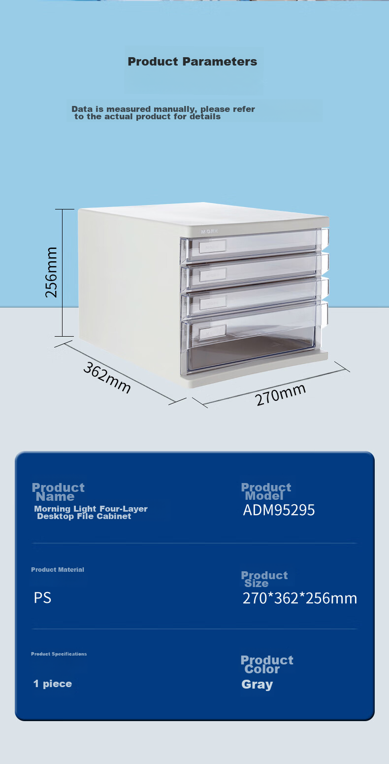 M&G Stationery, 4-Tier Desktop File Cabinet, Drawer-Style Handle A4 Document Storage Cabinet with Index Labels, Office Supplies, Gray Single Pack ADM95295 10