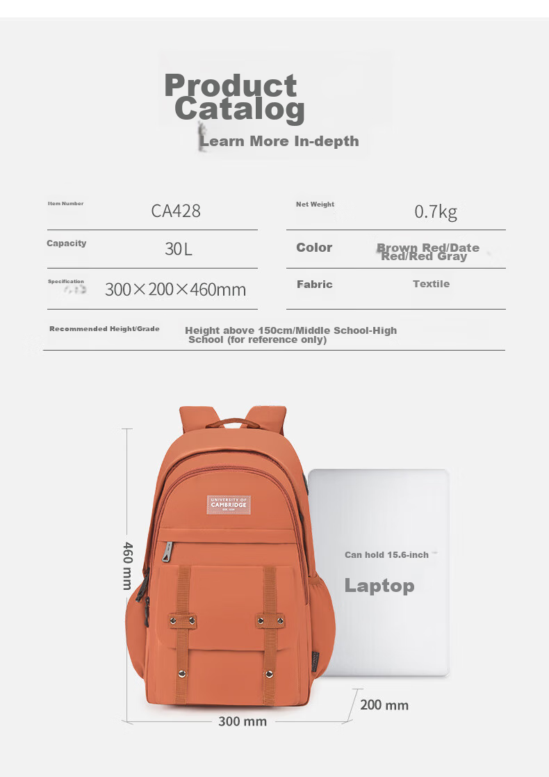 UNIVERSITY OF CAMBRIDGE Backpack for Female Middle School Students, Large Capacity Lightweight Double Shoulder Bag, Reduced-Load Backpack, Fashionable Trend CA428 Brown-Red 13
