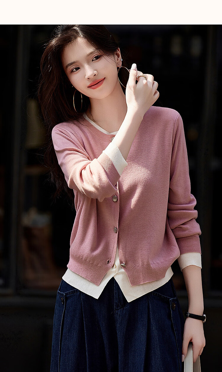 Dme [Jingshu Lingxiang Yichuang] Spring And Autumn Design-Inspired Faux Two-Piece Contrasting Color Sweater with Decorative Button Knit Top for Wome 11