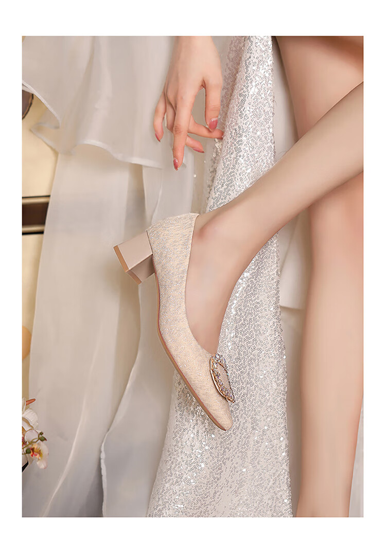 Josiny Rhinestone Square Buckle Pointed Toe Slip-On Chunky Heel Fashion Shoes, Spring Stylish Versatile Elegant Women's Pumps, Light Gold, Size 37 15
