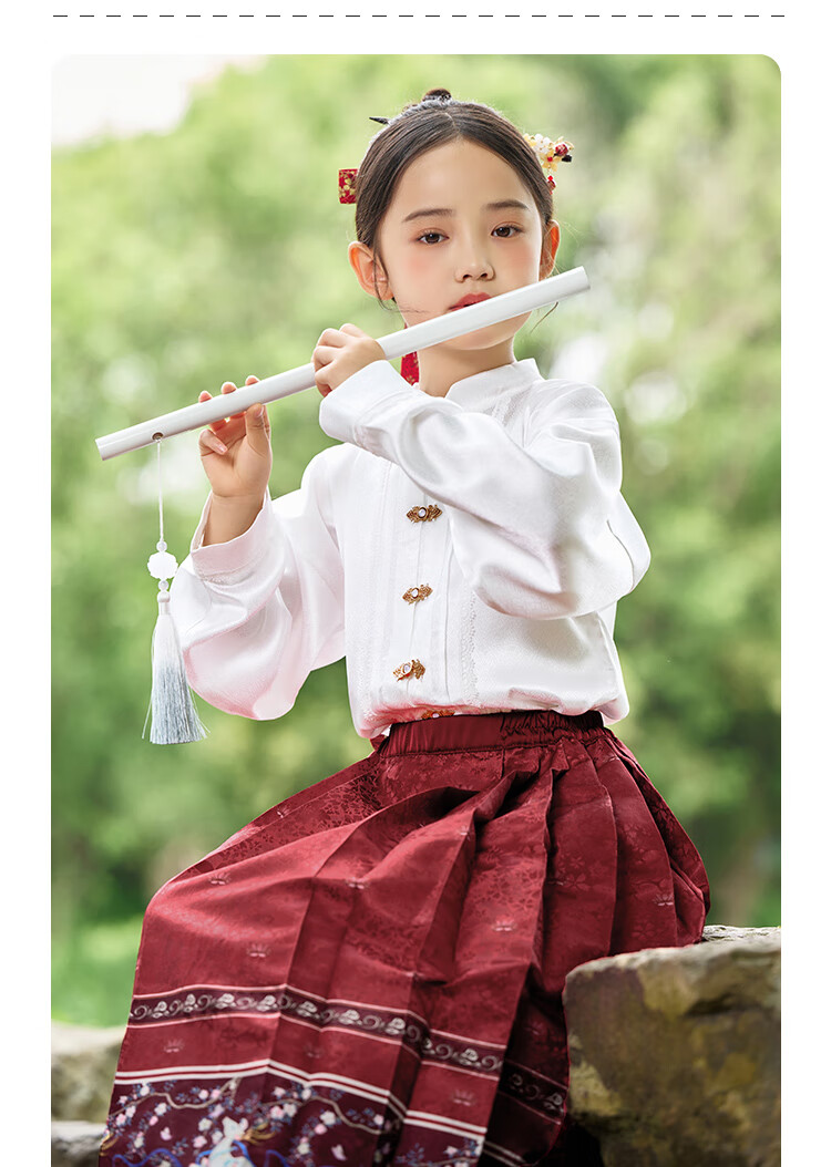 QQ DUCK Children's Hanfu Costume Set for Girls with Horse-Face Skirt, Student And Teen Clothing, Beige Deer Color + Wine Red; Size 120 9