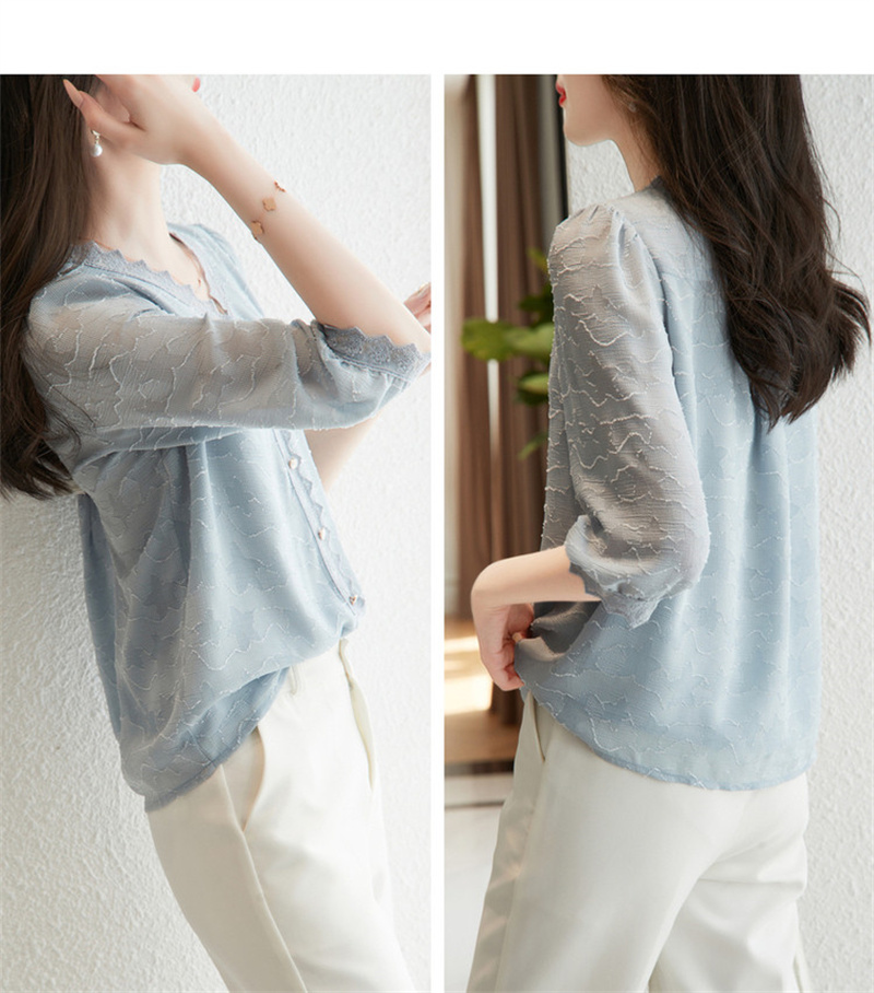 Dme [Long Time No See Series] Summer French Commuter V-Neck Jacquard Blouse, Three-Quarter Sleeve Lace Shirt, Women's Top 12