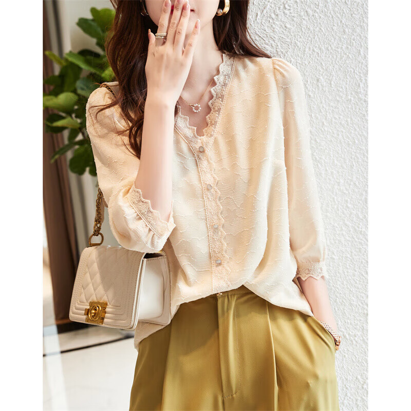 Dme [Long Time No See Series] Summer French Commuter V-Neck Jacquard Blouse, Three-Quarter Sleeve Lace Shirt, Women's Top