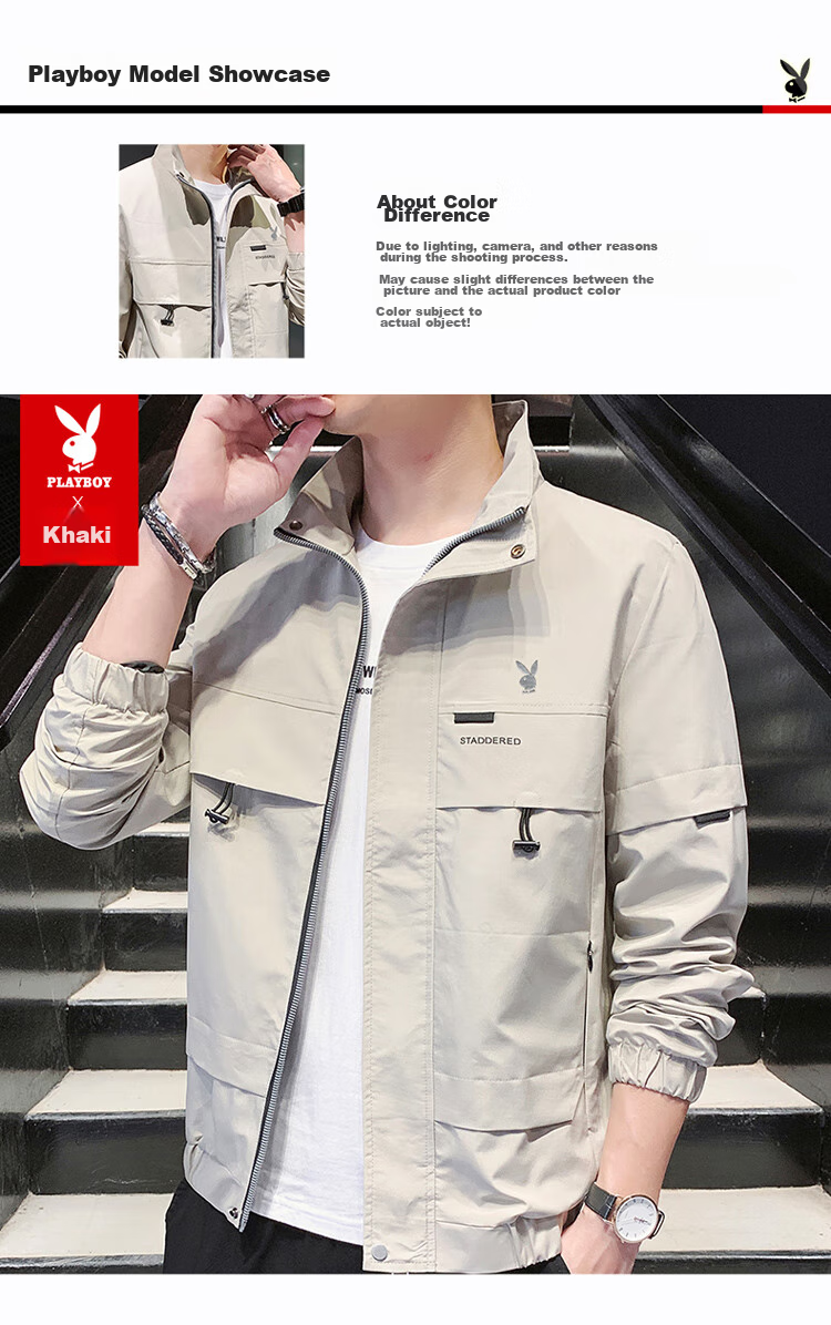 PLAYBOY Men's Jacket, Spring And Autumn Casual Workwear Trendy Outerwear, Black - 4XL 16