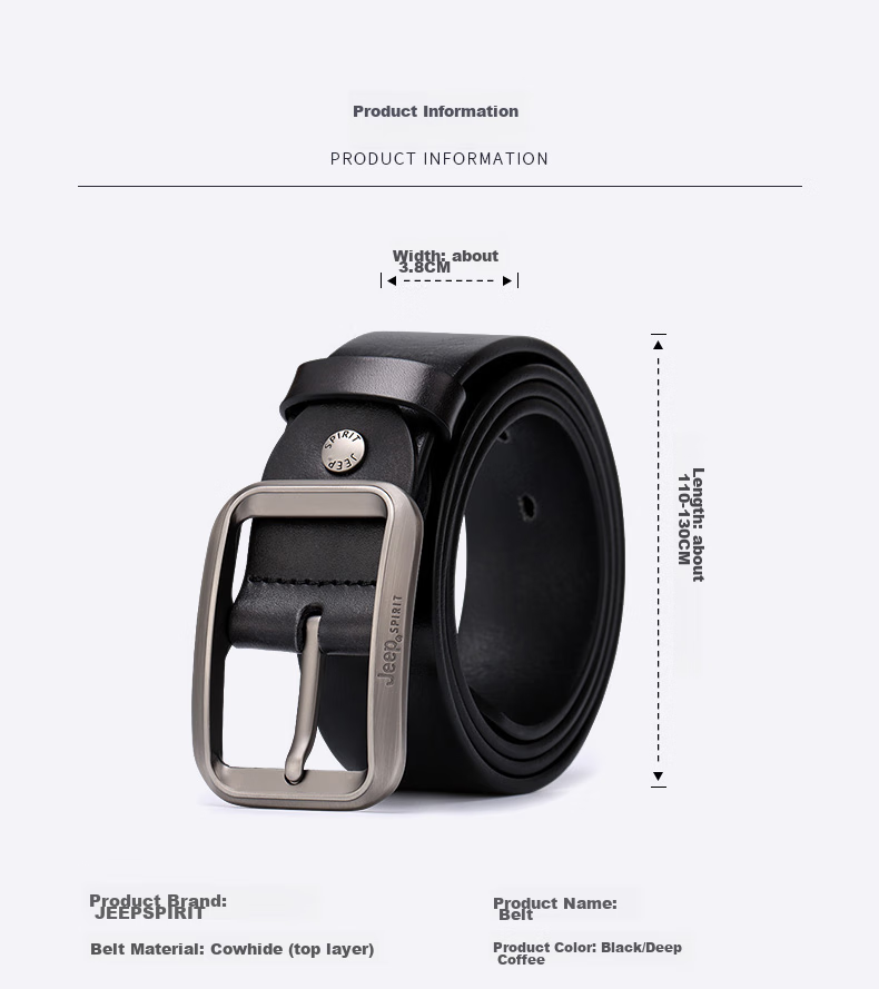 JEEP SPIRIT Men's Belt, Top-Grain Leather, Fashionable Pin Buckle, Suitable for Young And Middle-Aged Men, Gift for Boyfriend, Husband, Father's Day Present 12