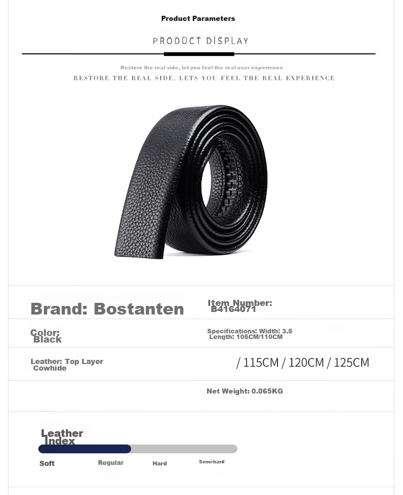 BOSTANTEN Men's Leather Belt with Automatic Buckle, Top Grain Cowhide, Waistband without Buckle, Casual Genuine Leather Belt for Me 11