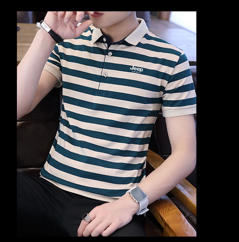 JEEP SPIRIT Men's Short-Sleeve T-Shirt, Summer Polo Shirt, Half-Sleeve Collar, Striped Business Casual Slim Fit, Blue Stripe, M 17