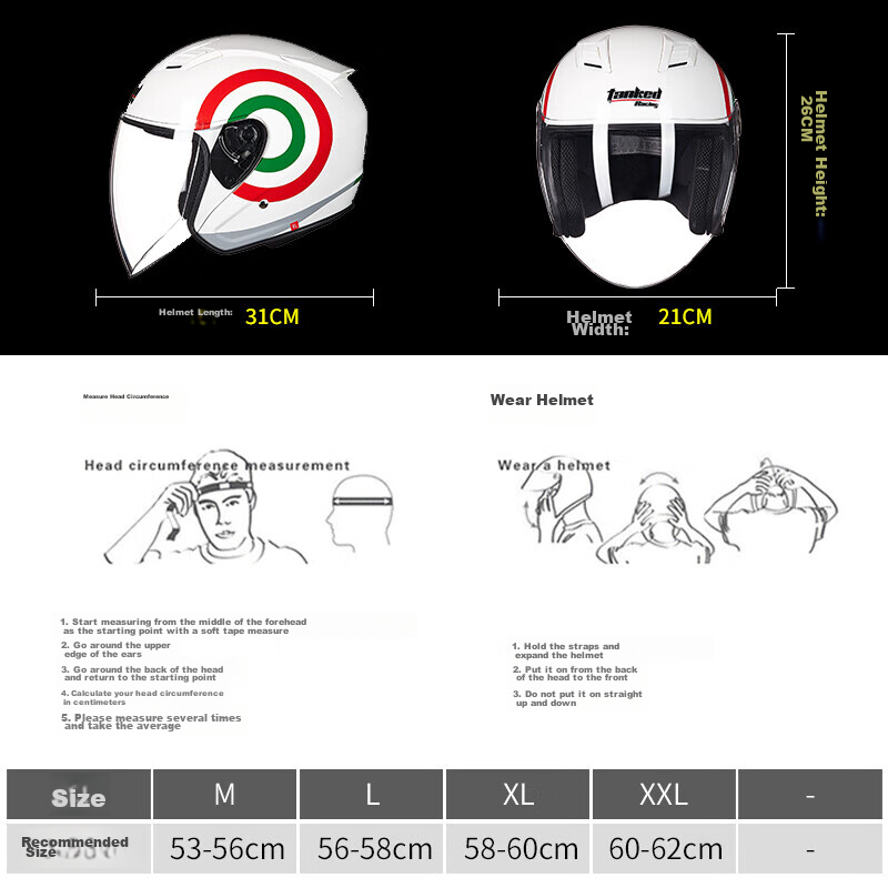 Tanked Racing T536 Motorcycle Half Helmet, DOT Certified, for Men And Women, All-Season Sun Protection, Electric Scooter Safety Helmet, Matte Black, Loke, XXL