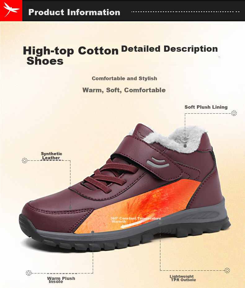 RED DRAGONFLY WINTER FLEECE-LINED WARM SHOES FOR ELDERLY, THICKENED FUR-LINED COTTON BOOTS, MIDDLE-AGE TO ELDERLY COTTON SHOES FOR WOMEN C0TTN01081 4