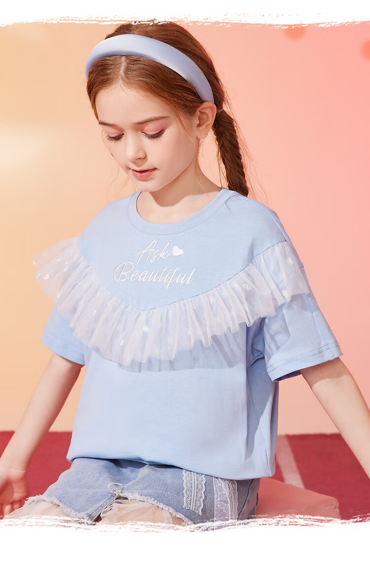 ASK JUNIOR Children's Short-Sleeve T-Shirt, Summer 2026, Girls' Mesh Top with Letter Print, for Older Kids, Blue, Size 120 8