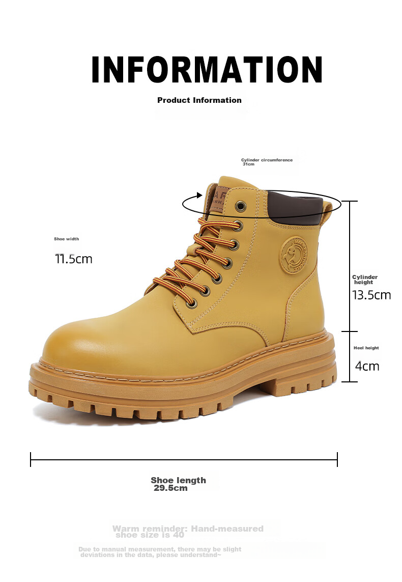 MARK FAIRWHALE Men's New Martin Boots, All-Season Style, Cotton Shoes, Thickened Heightening Work Boots, Motorcycle Men's Shoes, Ginger Yellow, Size 43 10