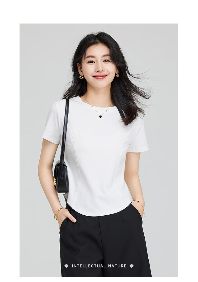 TUCANO Women's Regular Shoulder Short Sleeve T-Shirt, Summer Round Neck with Irregular Hem Design, Slim Fit Inner Layer Top, White, 2XL 8