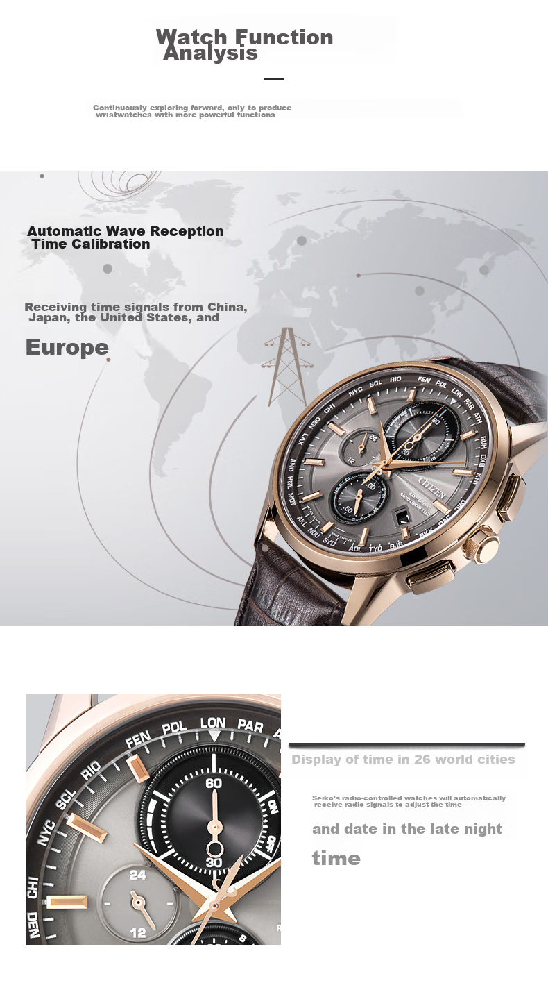 CITIZEN Watch for Men, Japanese And Korean Style, Eco-Drive, Radio-Controlled, Three-Dial Display, Leather Strap, Business Style, Gift for Boyfriend, AT8113-12H 4