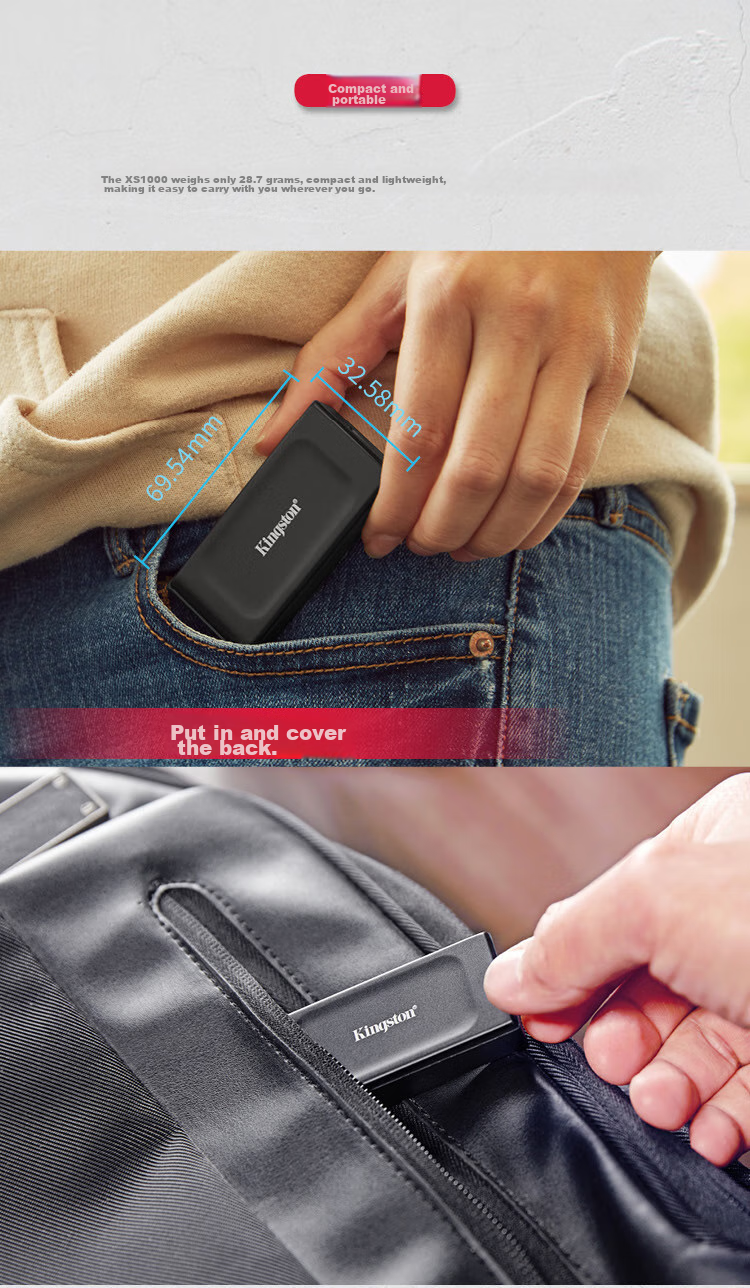Kingston 2TB USB3.2 Gen 2 Portable Solid State Drive (PSSD) XS1000, Transfer Speed 1050MB/s, Lightweight And Stylish, External for Laptops 2