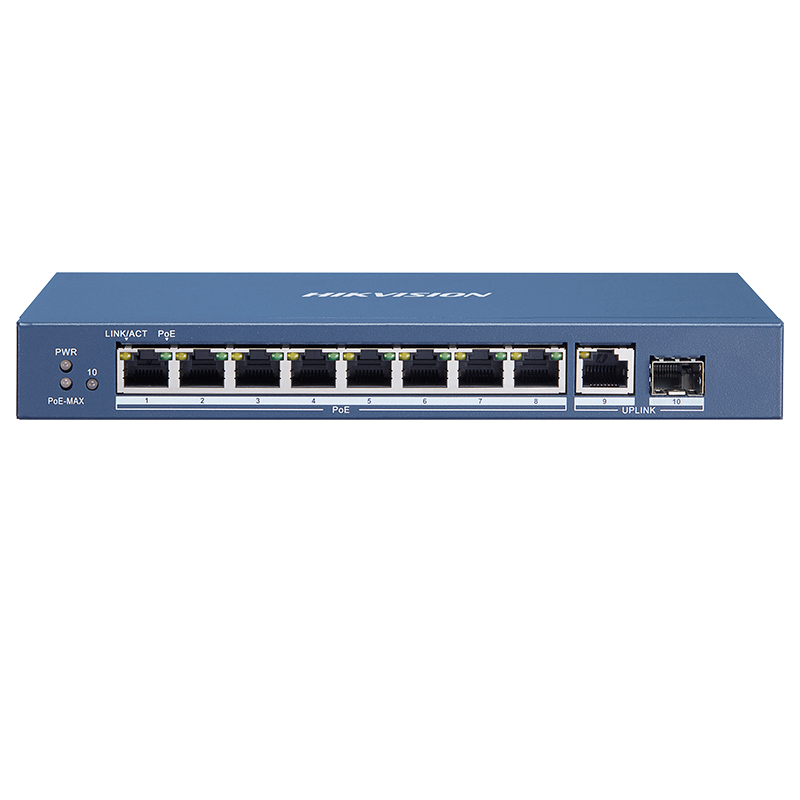HIKVISION Surveillance Switch, 10 Gigabit Ethernet Ports, 8 POE Ports, 1 Electrical Port, 1 Optical Port, Power Over Ethernet, Unmanaged Splitter, Metal Shell, Lightning Protection, 3E0510P-E