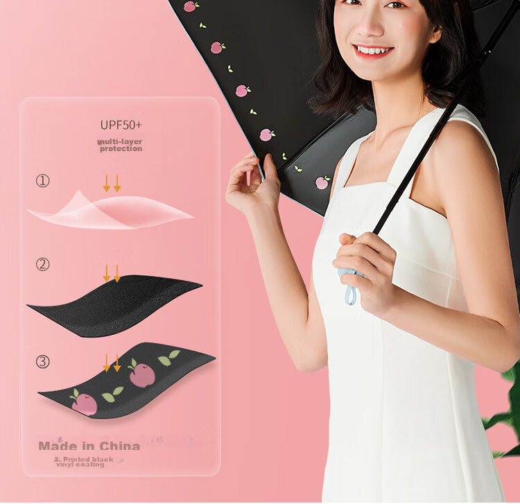 Tiantangshan UV Protection Folding Umbrella, Sunshade Umbrella with Black Coating, Peach Pattern, Suitable for Both Sunny And Rainy Days, Pink 6