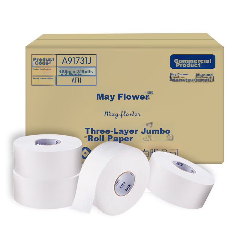 May Flower Large Roll Toilet Paper, 3-Ply, 188 Meters * 12 Rolls, Single Roll 750g, Business Use Paper, Bathroom Toilet Paper, Whole Box Packaging